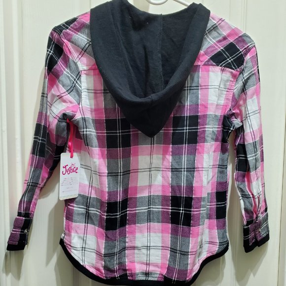 NWT: JUSTICE Pink Black Long Sleeve Button Hooded Waffle Trim Top, Small - Picture 4 of 10